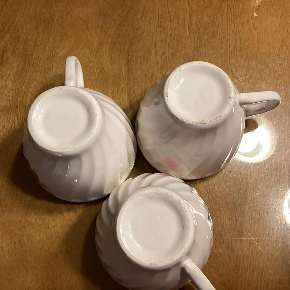 Set of 3 White China with Rose Print Tea/Coffee Cups